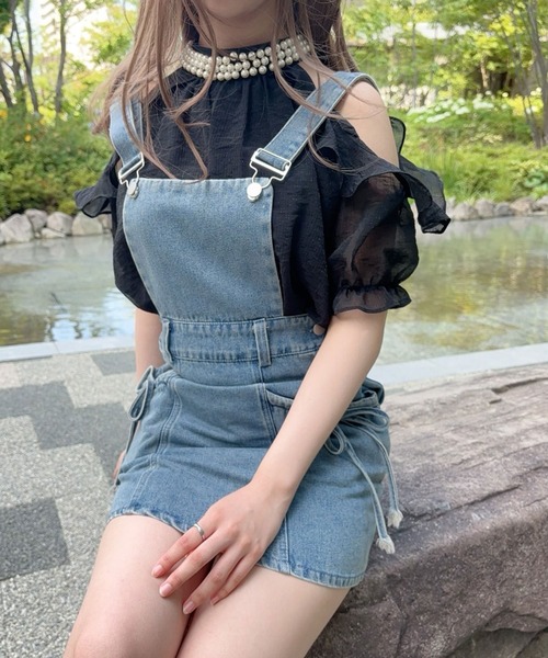 ブラウス シャツ ゴージャスパールネック肩開きセクシーブラウス レディース