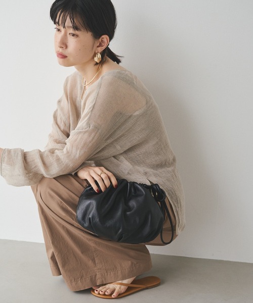 レザー巾着ショルダーバッグ Lサイズ ブラウン