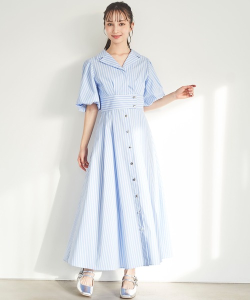 【Coast】ストライプ パフスリーブ ミディ丈 シャツ ワンピース 大人気シャツワンピ☆ストライプ ロング丈 ワンピース