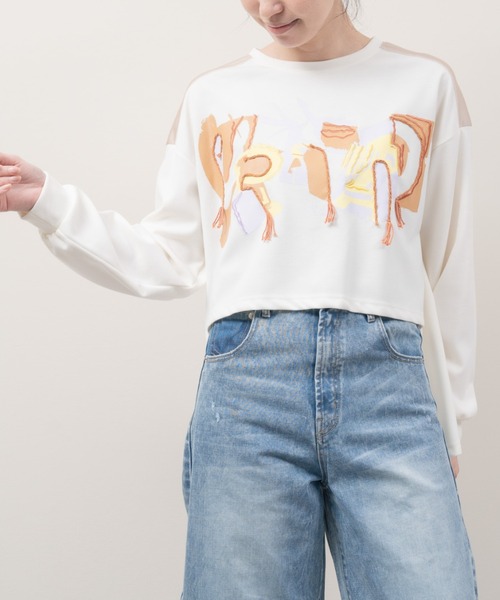 tシャツ ロープ刺繍ロゴプリントトップス レディース