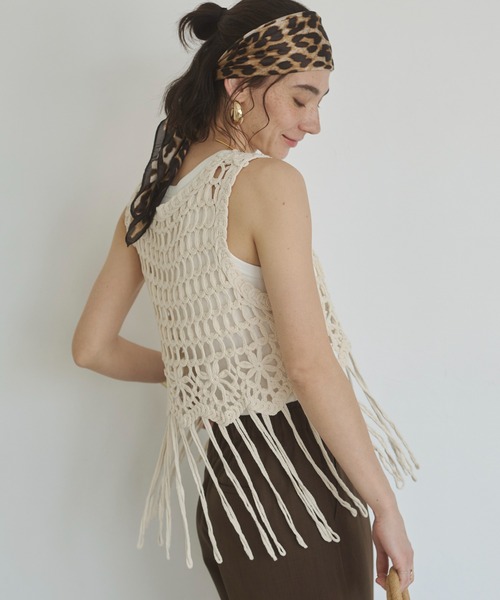 かぎ編み ニット クロシェ編み タッセル フリンジ レイヤード She's Closet ベスト ジレ ショート丈フリンジかぎ編みクロシェ
