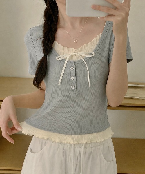 LADY LIKE（レディライク） tシャツ 半袖 胸リボンレイヤード風半袖