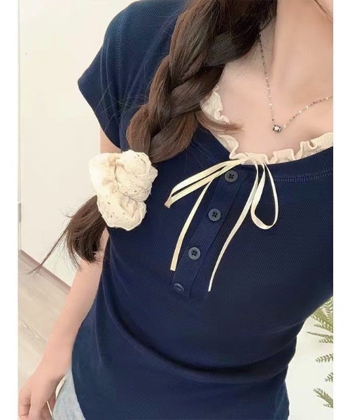 胸元リボンデザイン 半袖 トップス LADY LIKE tシャツ 「春夏新作」胸リボンレイヤード風半袖