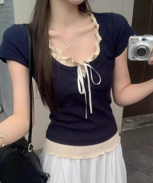 tシャツ リボンレイヤードカットトップス レディース LADY LIKE tシャツ 「春夏新作」胸リボンレイヤード風半袖
