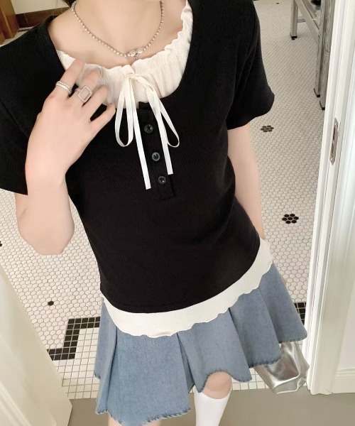 ウエストリボンデザイン Tシャツ 半袖トップス 3色 4080101 LADY LIKE tシャツ 「春夏新作」胸リボンレイヤード風半袖