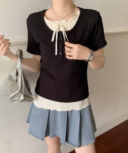 ウエストリボンデザイン Tシャツ 半袖トップス 3色 4080101 LADY LIKE tシャツ 「春夏新作」胸リボンレイヤード風半袖