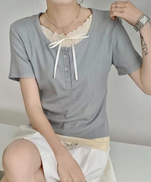 ウエストリボンデザイン Tシャツ 半袖トップス 3色 4080101 LADY LIKE tシャツ 「春夏新作」胸リボンレイヤード風半袖