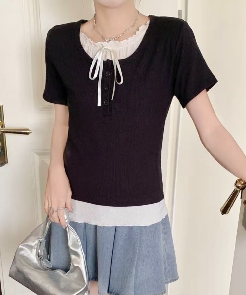 ウエストリボンデザイン Tシャツ 半袖トップス 3色 4080101 LADY LIKE tシャツ 「春夏新作」胸リボンレイヤード風半袖