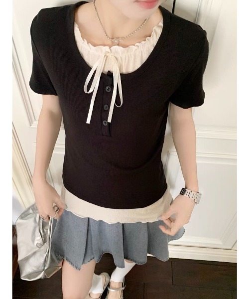 tシャツ リボンレイヤードカットトップス レディース Chico tシャツ フロントリボンレイヤードレーストップス