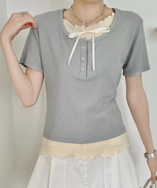 tシャツ リボンレイヤードカットトップス レディース LADY LIKE tシャツ 「春夏新作」胸リボンレイヤード風半袖