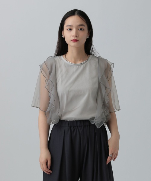tシャツ 袖チュールTシャツ レディース LEPSIM tシャツ 5分袖チュールレイヤーギャザー 328314