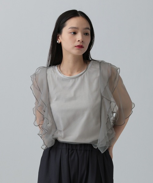 LEPSIM tシャツ 5分袖チュールレイヤーギャザー 328314