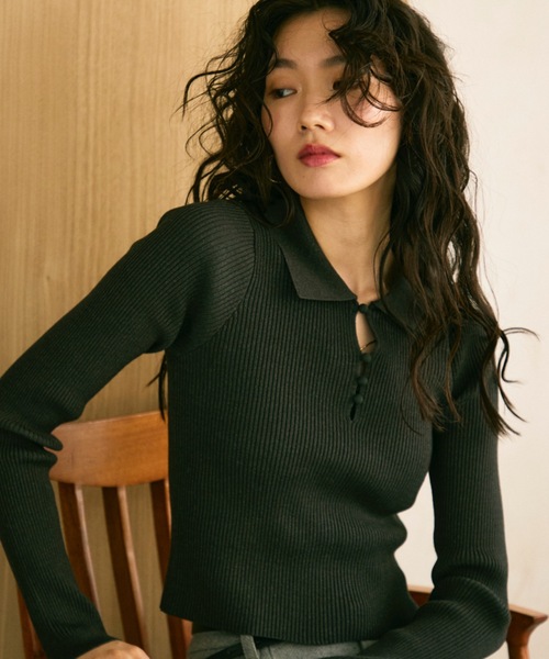 ニット セーター Long sleeve polo collar rib tops / ロングスリーブ