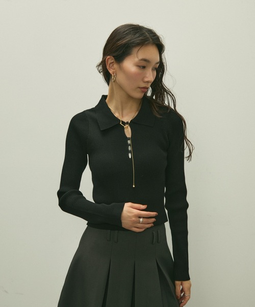 ニット セーター Long sleeve polo collar rib tops / ロングスリーブ