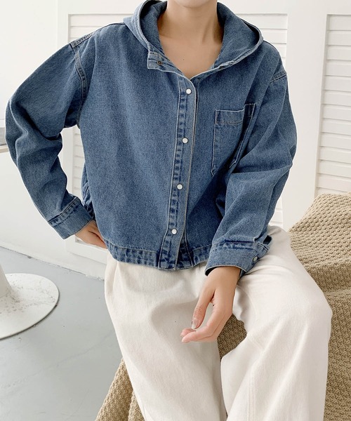 LOWO デニムジャケット gジャン 綿混 フード付き デニム パーカー