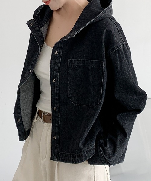 LOWO デニムジャケット gジャン 綿混 フード付き デニム パーカー