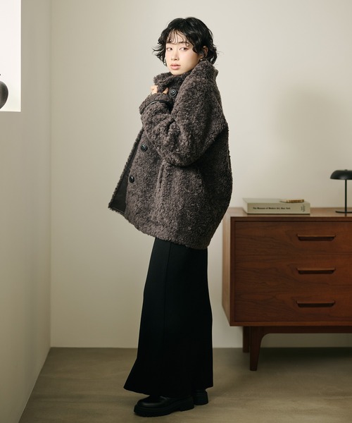 コート アウター wool boa stand collar middle coat /ウールボア