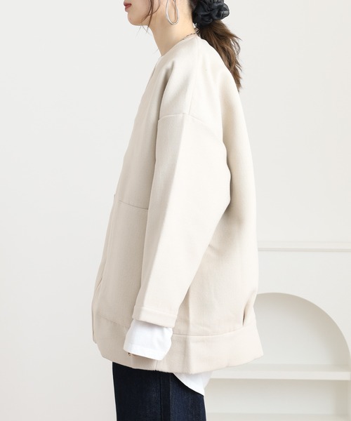 ノーカラーコート コート Vネックジップアップ コクーンシルエット
