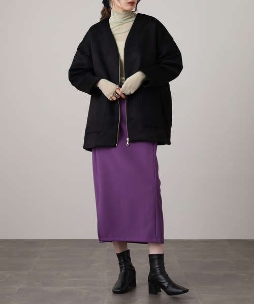 ノーカラーコート コート Vネックジップアップ コクーンシルエット