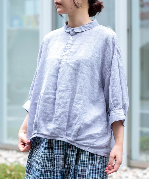 ブラウス シャツ 「Brocante / ブロカント」 リネンキャンバス バロンシャツ レディースの画像