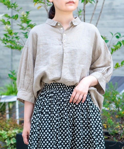 ブラウス シャツ 「Brocante / ブロカント」 リネンキャンバス バロンシャツ レディースの画像