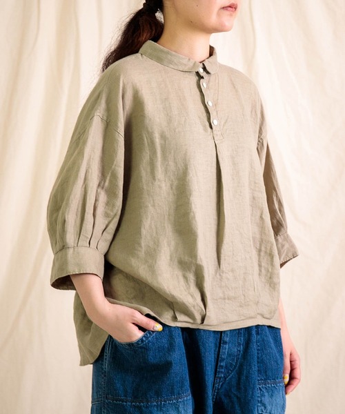 ブラウス シャツ 「Brocante / ブロカント」 リネンキャンバス バロンシャツ レディースの画像