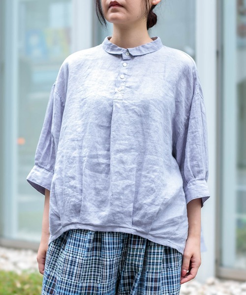 ブラウス シャツ 「Brocante / ブロカント」 リネンキャンバス バロンシャツ レディースの画像