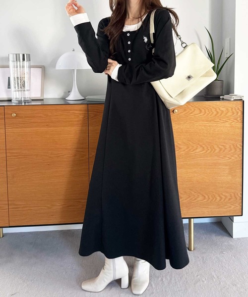 美品⁂センソユニコ⁂ロングワンピース　ラップ風　Aライン　ゆったり　ブラック　L U.S. POLO ASSN.（ユーエスポロアッスン） ワンピース GeeRA別注「U.S.