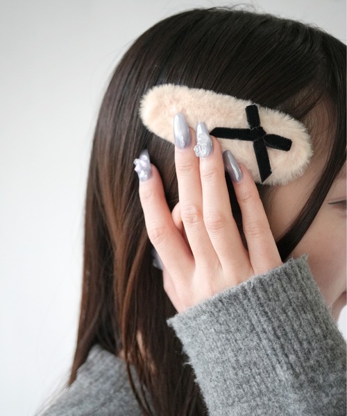 Port（ポート） ヘアクリップ 「 」 ふわふわ リボンファー ヘアピン