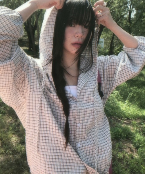 リネンシャツ ブラウス シャツ チェック柄フード付きシャツ レディース