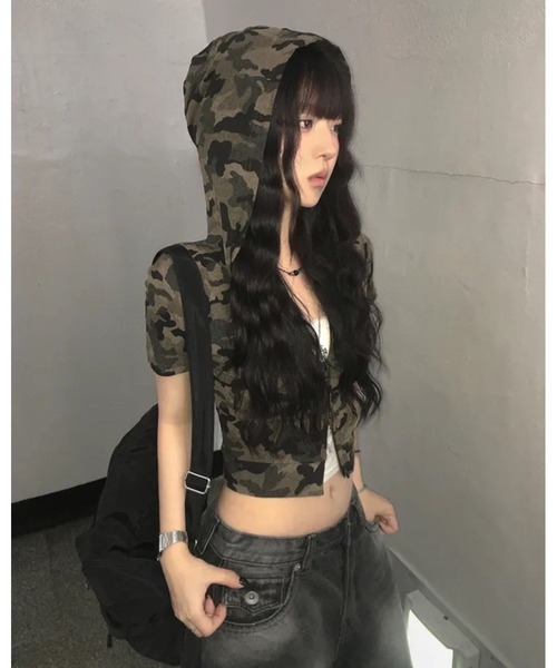 inst.ALL tシャツ クロップド丈迷彩柄半袖Wジップフーディー 