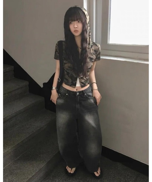 inst.ALL tシャツ クロップド丈迷彩柄半袖Wジップフーディー 