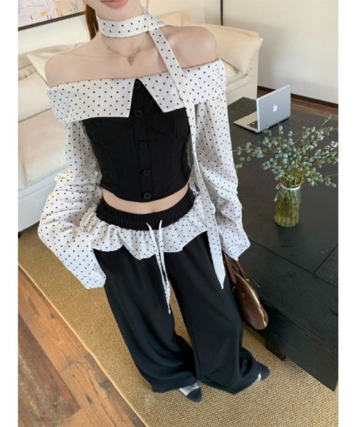 tシャツ オフショルダー長袖シャツ 黒クロップビスチェ トップス