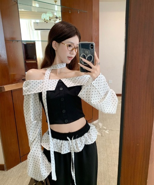 tシャツ オフショルダー長袖シャツ 黒クロップビスチェ トップス
