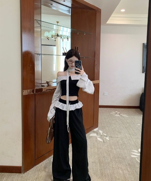 tシャツ オフショルダー長袖シャツ 黒クロップビスチェ トップス