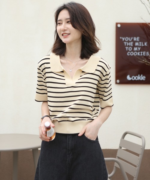 MAISON DE THERESE ポロシャツ ポロ ニットボーダー半袖ポロシャツ 