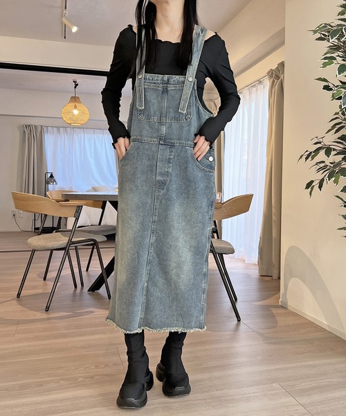 ワンピース ジャンパースカート ボタンストラップデニムサロペット 