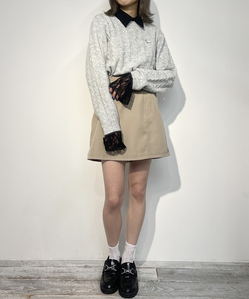 ニット セーター 羊刺繍ケーブル配色ニットプルオーバー レディース