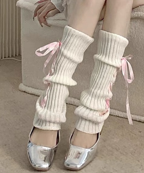 shopnikoniko レッグウォーマー レースアップ リボン ルーズ