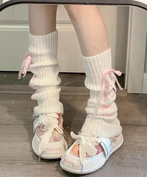 shopnikoniko レッグウォーマー レースアップ リボン ルーズ