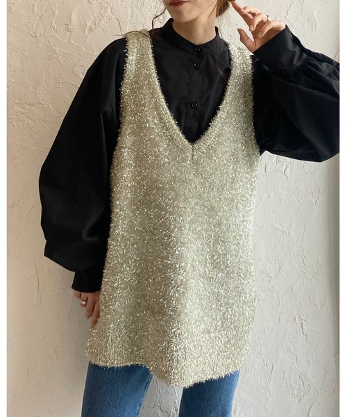 ベスト ジレ シャギーラメニットVネックベスト レディース She's Closet ベスト ジレ オーバーサイズ深Vネックロング丈