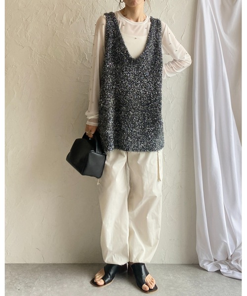 ベスト ジレ マットメタルシャギーベスト レディース rectangle ベスト ジレ ミックスカラーシャギーVネックベスト