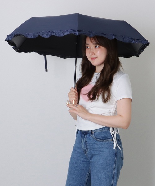 Lace Ladies 折りたたみ傘 メタリック ハンドル フリル付き 晴雨