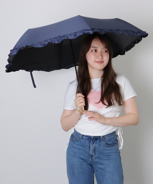 Lace Ladies 折りたたみ傘 メタリック ハンドル フリル付き 晴雨