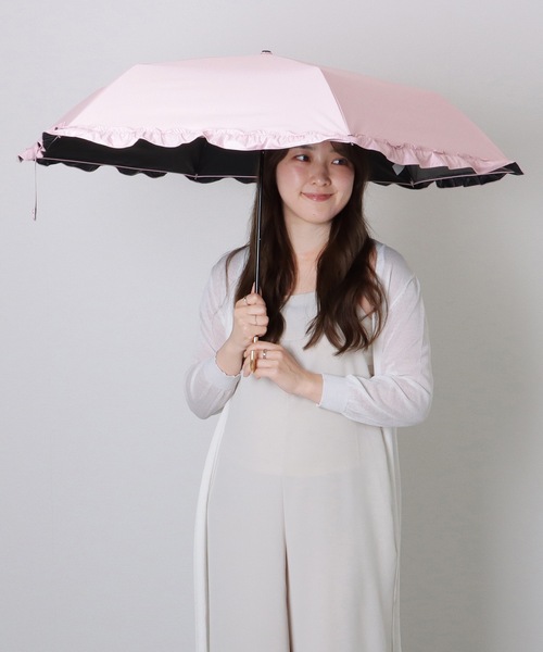 婦人用　折りたたみ傘 Lace Ladies 折りたたみ傘 メタリック ハンドル フリル付き 晴雨