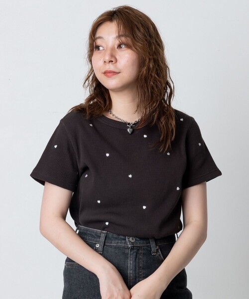 tシャツ Tシャツ ミニハート刺繍 ワッフルTシャツ レディース 