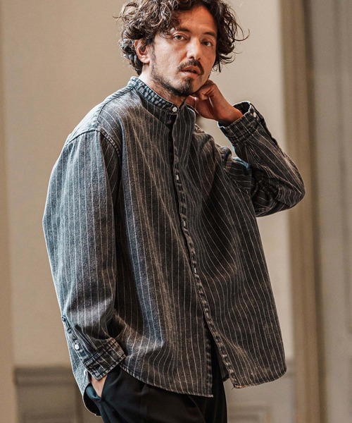 CAMBIO シャツ ms5915- Stripe Denim Hard Chemical Wash Band Collar 
