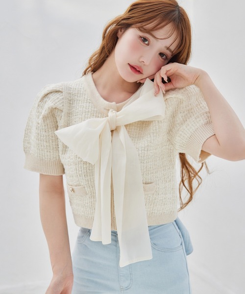 one after another NICE CLAUP カーディガン ツイードリボン