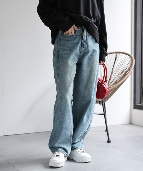 Broderie アングレーズ バレルレッグ ジーンズ ayane winter先行予約】ペイント加工バレルレッグデニムパンツ