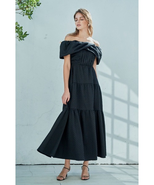 a 【美品】Estella.K エステラケー オフショルタイプライター Josie Long Dress オフショルタイプライターライクドレス